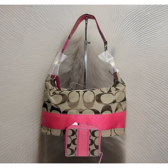 NWT Coach Signature Stripe Hobo 23769E & Wallet F48774 Set SV/Khaki Punch Pink - Picture 8 of 16